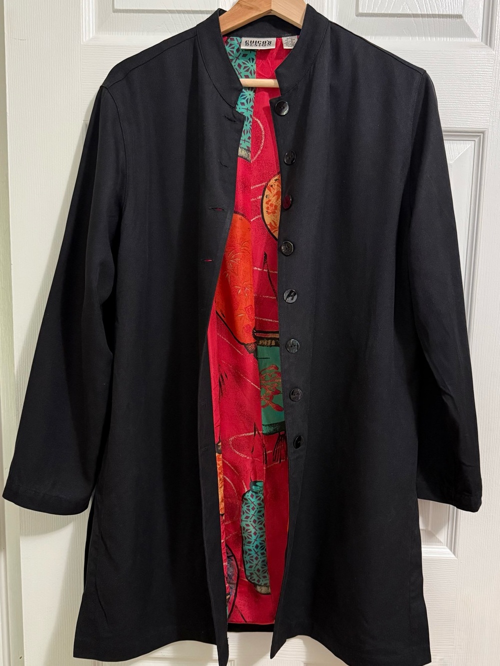Chico’s Black Long Silk Jacket with Red Lantern lining